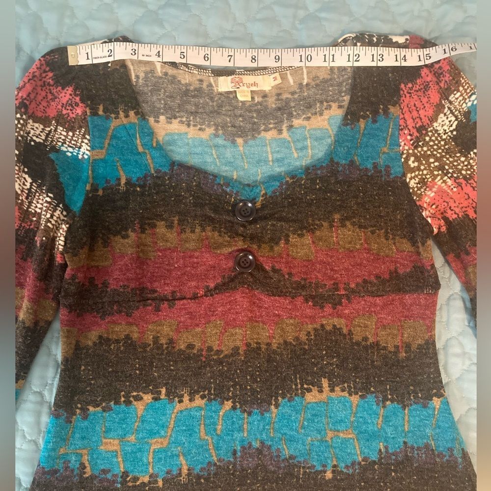 ARYEH Mini Dress Long Sleeve Brown Blue Burgundy Pink Tan Striped Size M - Picture 5 of 12